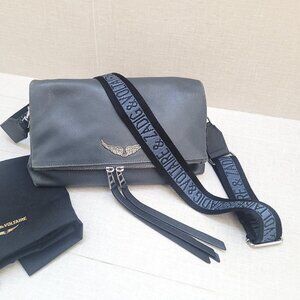 ZADIG & VOLTAIRE ROCKY GRAINED LEATHER CROSSBODY BAG BLEU DE GRIS (blue gray)